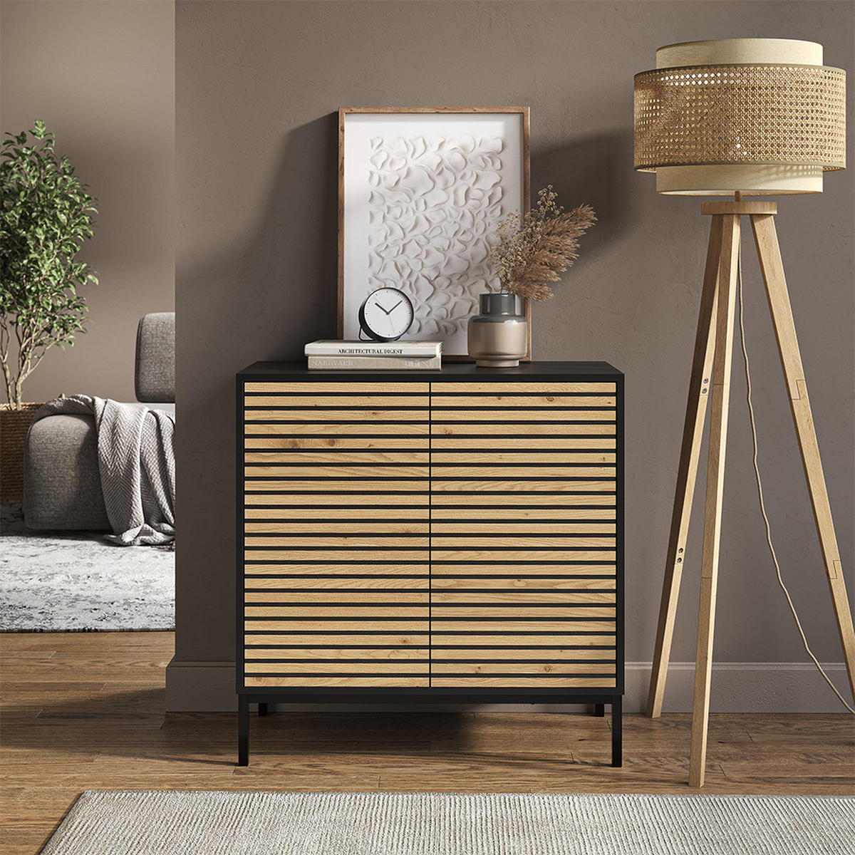KOMMODE Eliza Schwarz/Eiche 80 x 81.2 cm mit 2 Türen - Honigeiche/Anthrazit, Holzwerkstoff (80/81.2/40cm) - Vicco