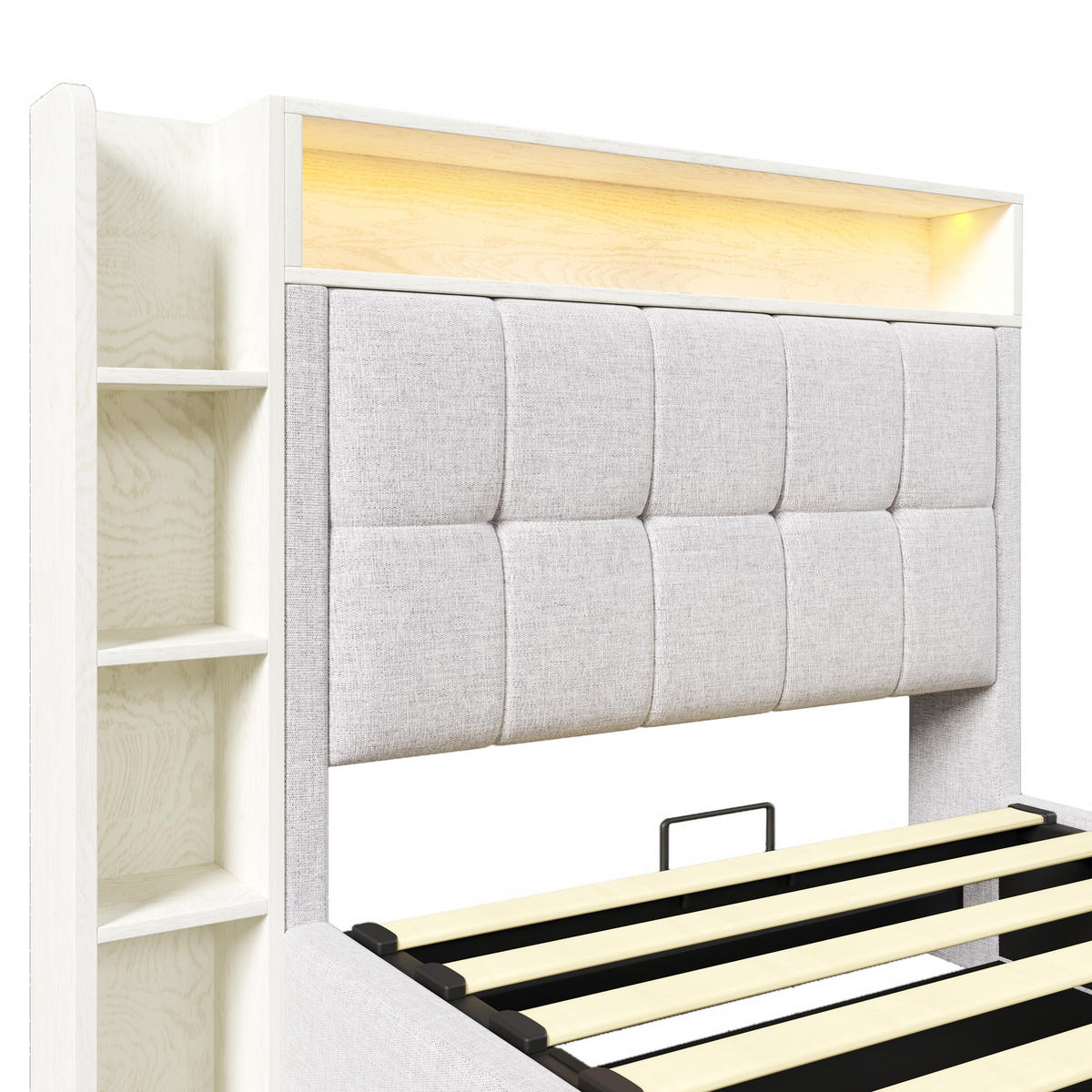 POLSTERBETT 90x200cm Beige USB-C LED-Licht App-Steuerung Leinen - Beige, Holz (90/200cm) - FLIEKS