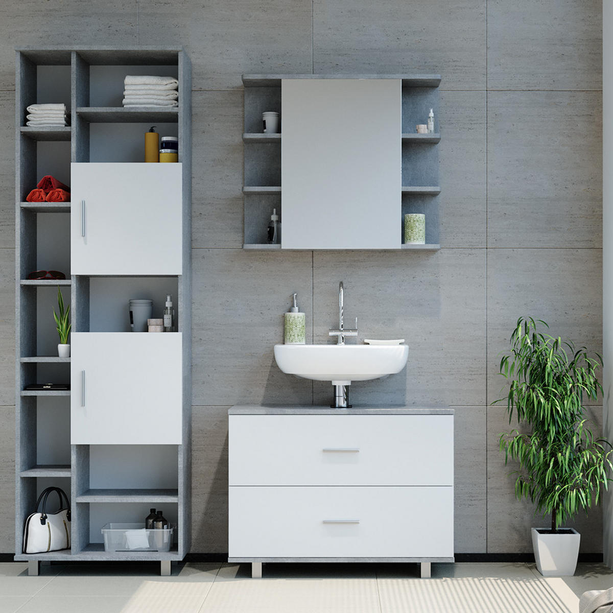 BADMÖBEL-SET Ilias Beton/Weiß 3 Teile, mit Hochschrank - Weiß/Grau, Holzwerkstoff (80.2/60.8/33cm) - Vicco