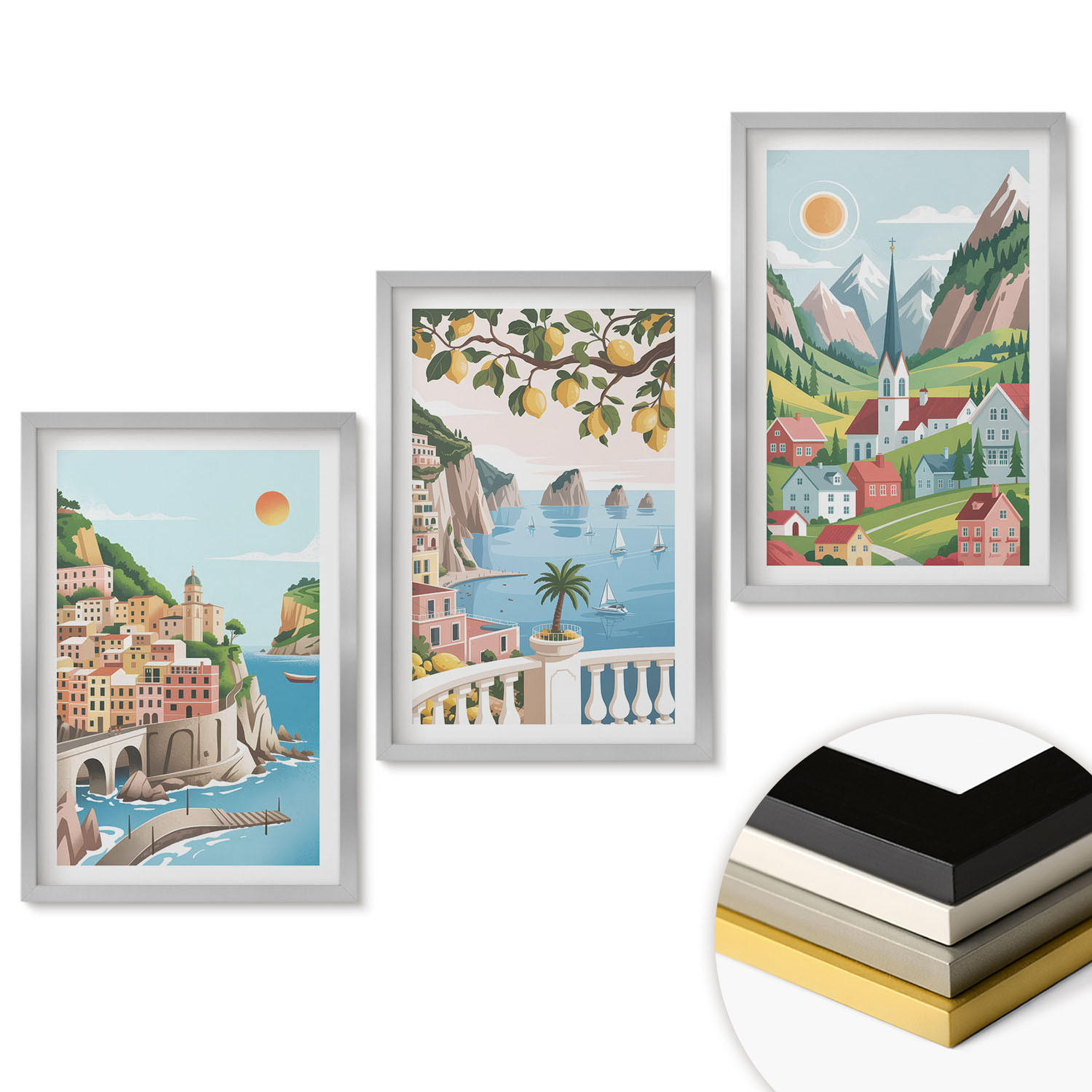 WANDBILDER 3er Set - 40x60 cm Silberner Rahmen - Landschaften, Meer, Zitrusfrüchte - Silberfarben, Kunststoff (40/60cm) - ArtPrintCave