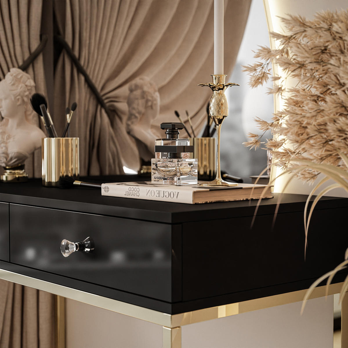 SCHMINKTISCH schwarz QUINNIE mit LED-Spiegel gold Chrom rechts Griff Kristall - Goldfarben/Schwarz, Holzwerkstoff (100/176/42cm) - Lookway