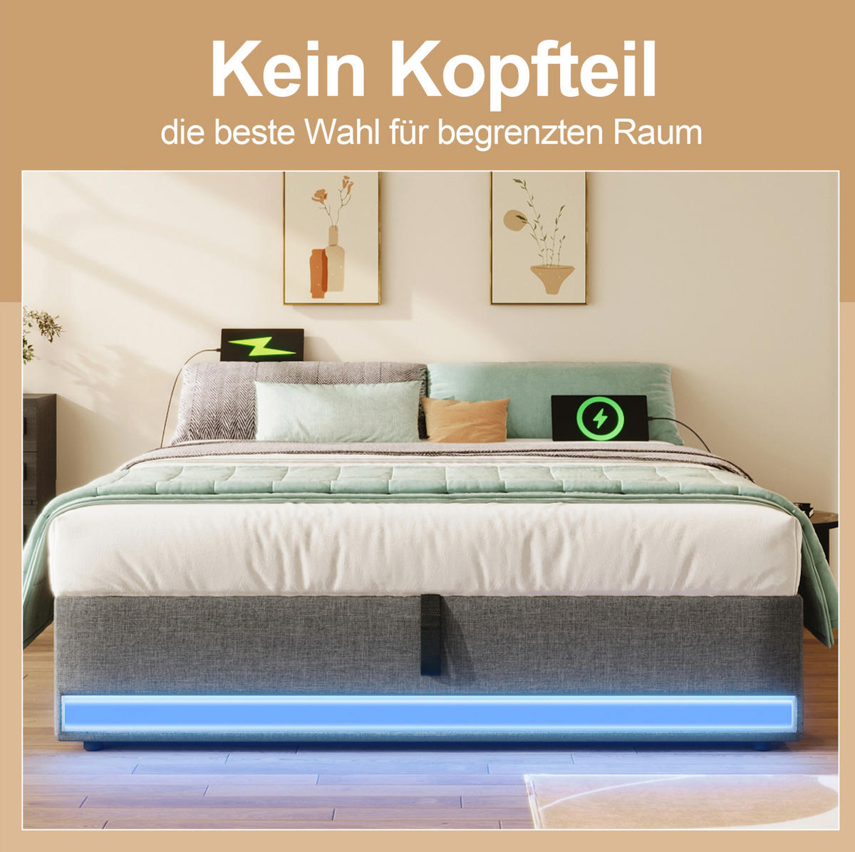TAPECIRANI krevet 140/200 cm s LED osvjetljenjem, USB i Type-C priključkom te hidrauličnim spremnikom, Siva - siva, tekstil (140/200cm) - Redom