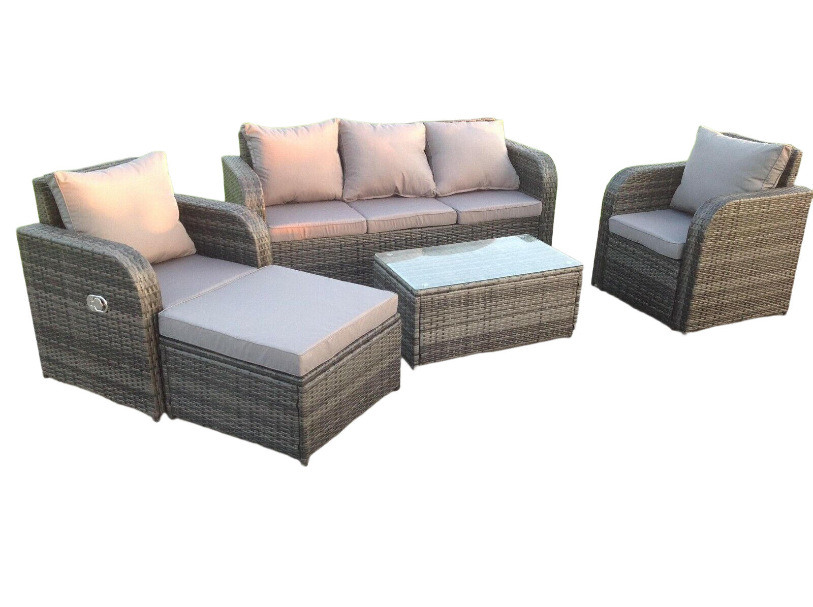 LOUNGESOFA Polyrattan 6-Sitzer - Dunkelgrau/Grau, Glas/Kunststoff - Fimous