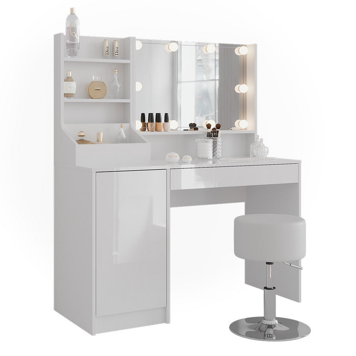 SCHMINKTISCH Sherry Weiß/Weiß Hochglanz 119.8 cm 5 Teile - Weiß Hochglanz, Holzwerkstoff (119.8/76/50.1cm) - Vicco