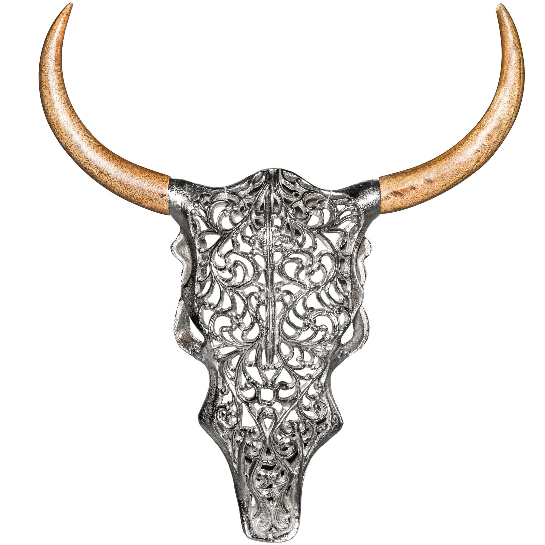 WANDDEKORATION EXOTIC BULL Mango Silber 60 cm - Silberfarben, Holz/Metall (51/57/11cm) - riess-ambiente