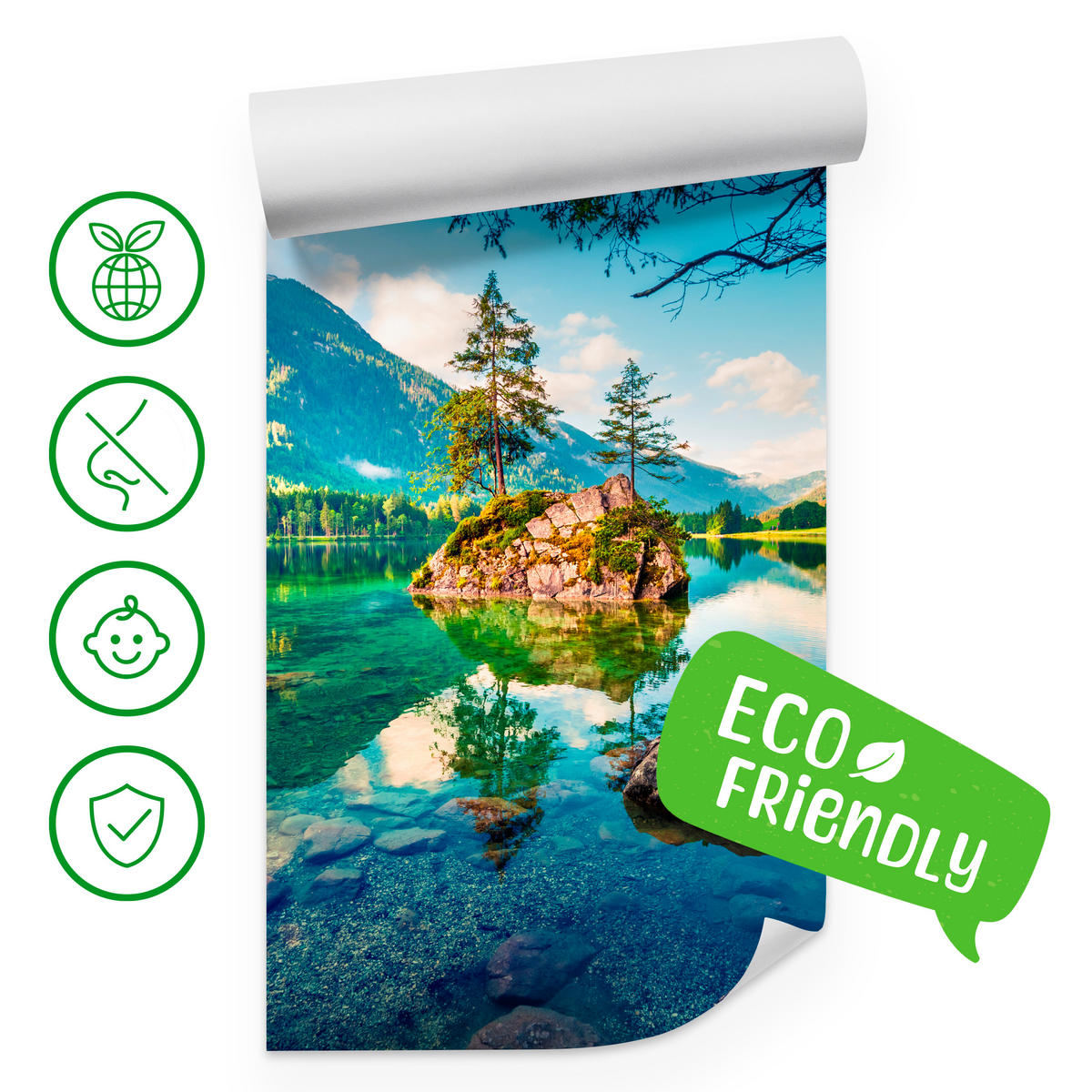 FOTOTAPETE für Schlafzimmer Bergsee Nadelbäume Felsen Natur Landschaft 450x315 - Türkis/Beige, Papier (450/315cm) - Muralo