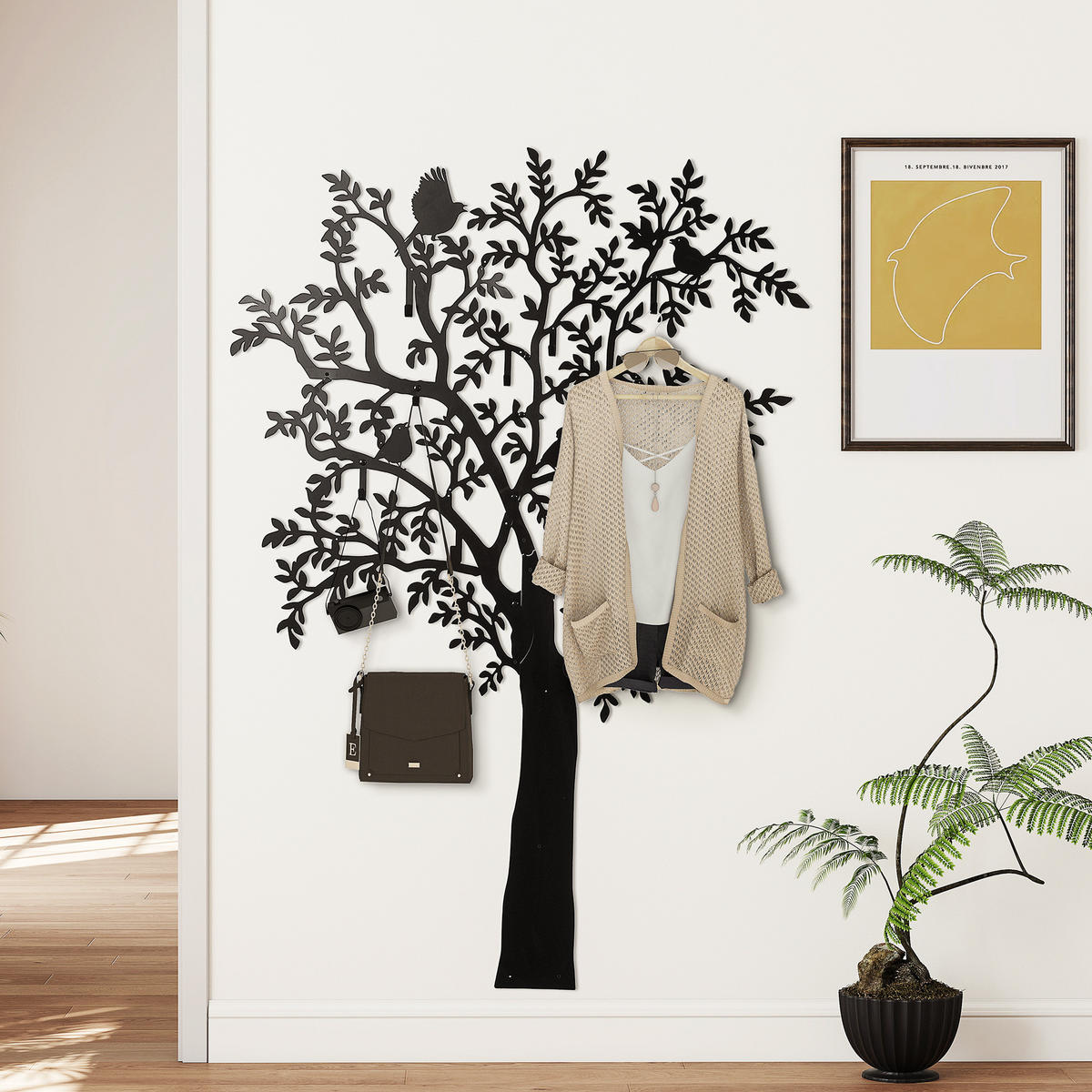 GARDEROBENHAKEN Wandgarderobe in Baum-Form mit 4 Vögeln, 120 x 175 cm, Schwarz - Schwarz, Metall (120/175/5cm) - HOMCOM