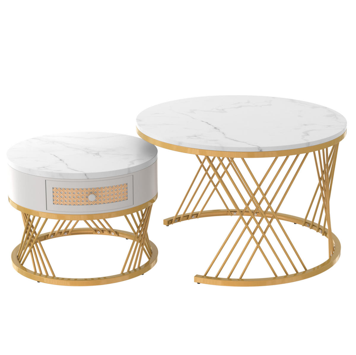 COUCHTISCH 2er-Set rund 70/50 cm MDF Weiß Gold - Weiß, Metall (70/70/45.5cm) - Meubliv