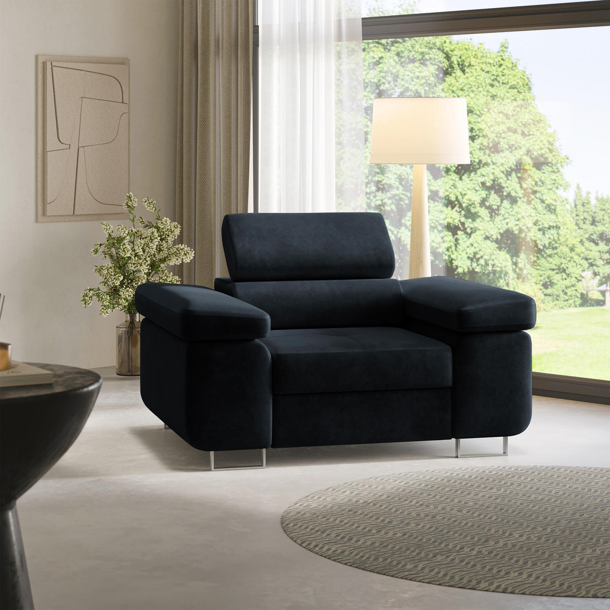 SESSEL CALVO Polstersessel Loungesessel ergonomisch, Schwarz - Schwarz, Holz/Metall (133/87/98cm) - MASSENO