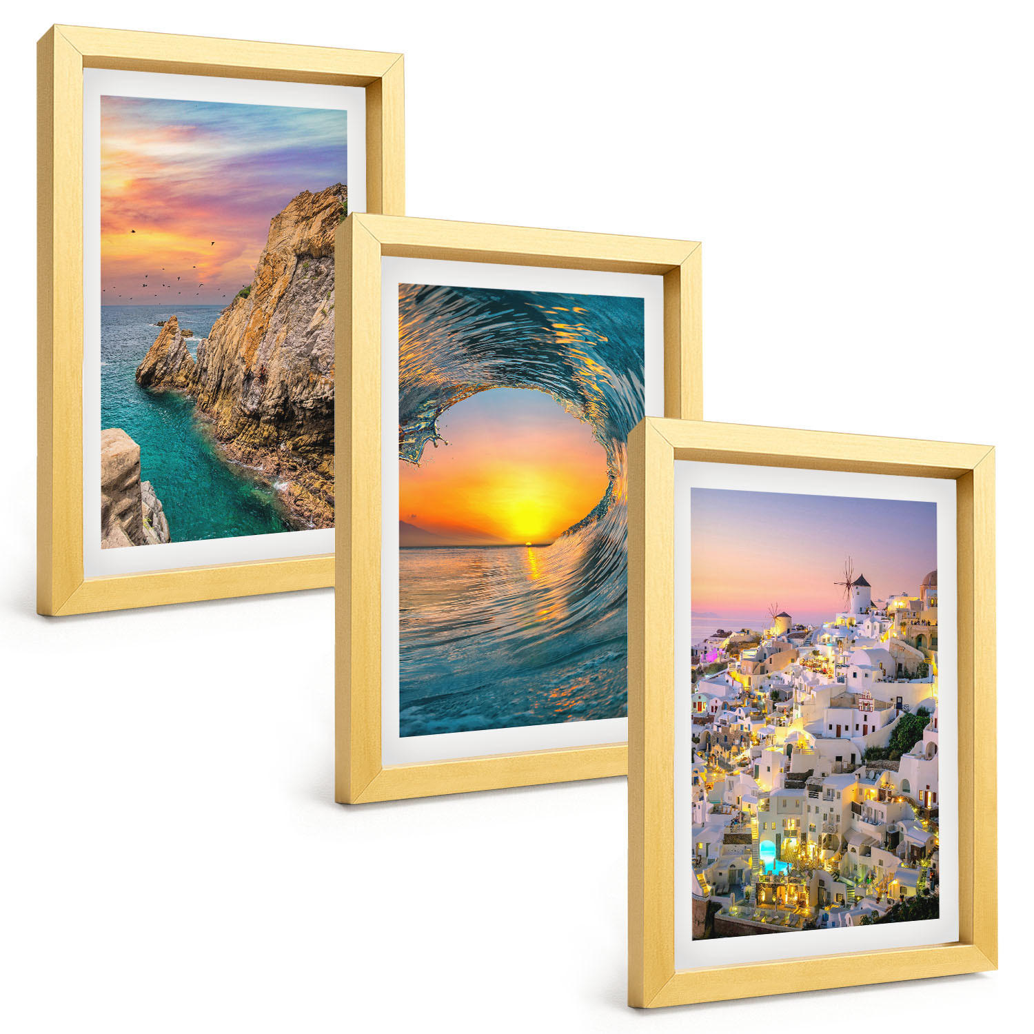 BILDER SET 3er Set - 20x30 cm Goldrahmen - Meereswellen, weiße Häuser, Santorini - Goldfarben, Kunststoff (20/30cm) - TULUP