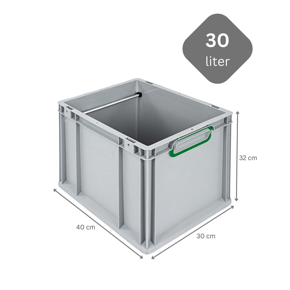 HÄNGEREGISTERBOX NextGen, HxBxT 32x30x40cm, 30 Liter, Griffe grün geschlossen, Grau - Grau, Kunststoff (30/32/40cm) - PROREGAL