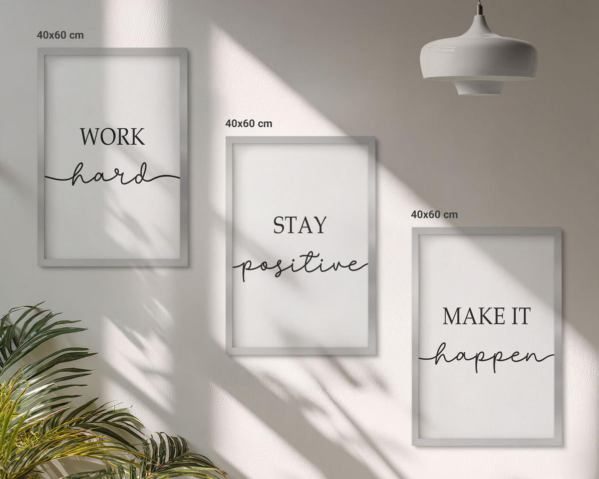 BILDER SET 3er Set - 40x60 cm Silberner Rahmen - Minimalistische Motivationsinschriften - Silberfarben, Kunststoff (40/60cm) - TULUP