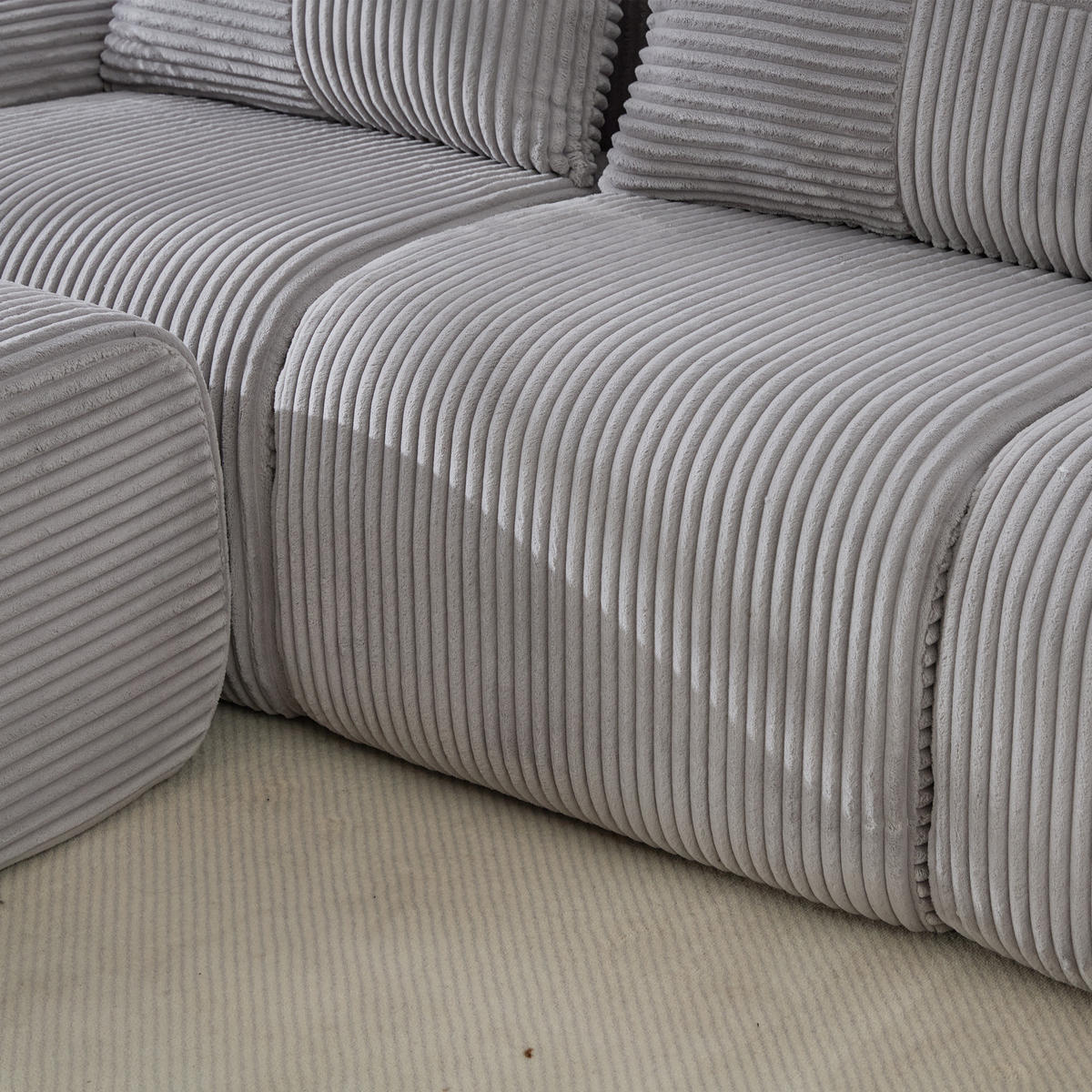 WOHNLANDSCHAFT Cord Hellgrau mit 2 Hocker, Cupholder und Aufbewahrungstasche - Hellgrau, Textil (268/80/174cm) - WISHDOR