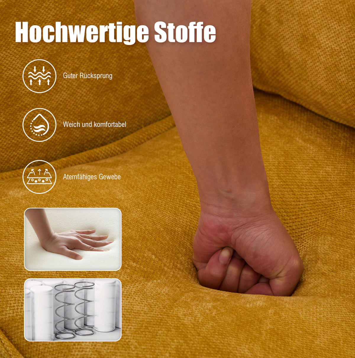 2-SITZER Sofa Chenille mit Handyhalterung und Ablagefächern 127/69/66 cm Gelb - Gelb, Textil (66/127/69cm) - Redom