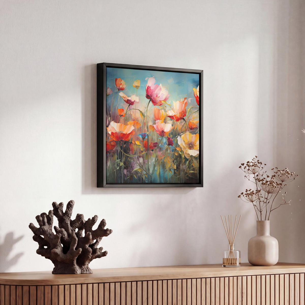 LEINWAND Bilder mit Rahmen - Blumen - Aquarell - Kunst - Botanisch - Natur - 20x20 - Orange, Textil (20/20cm) - MuchoWow