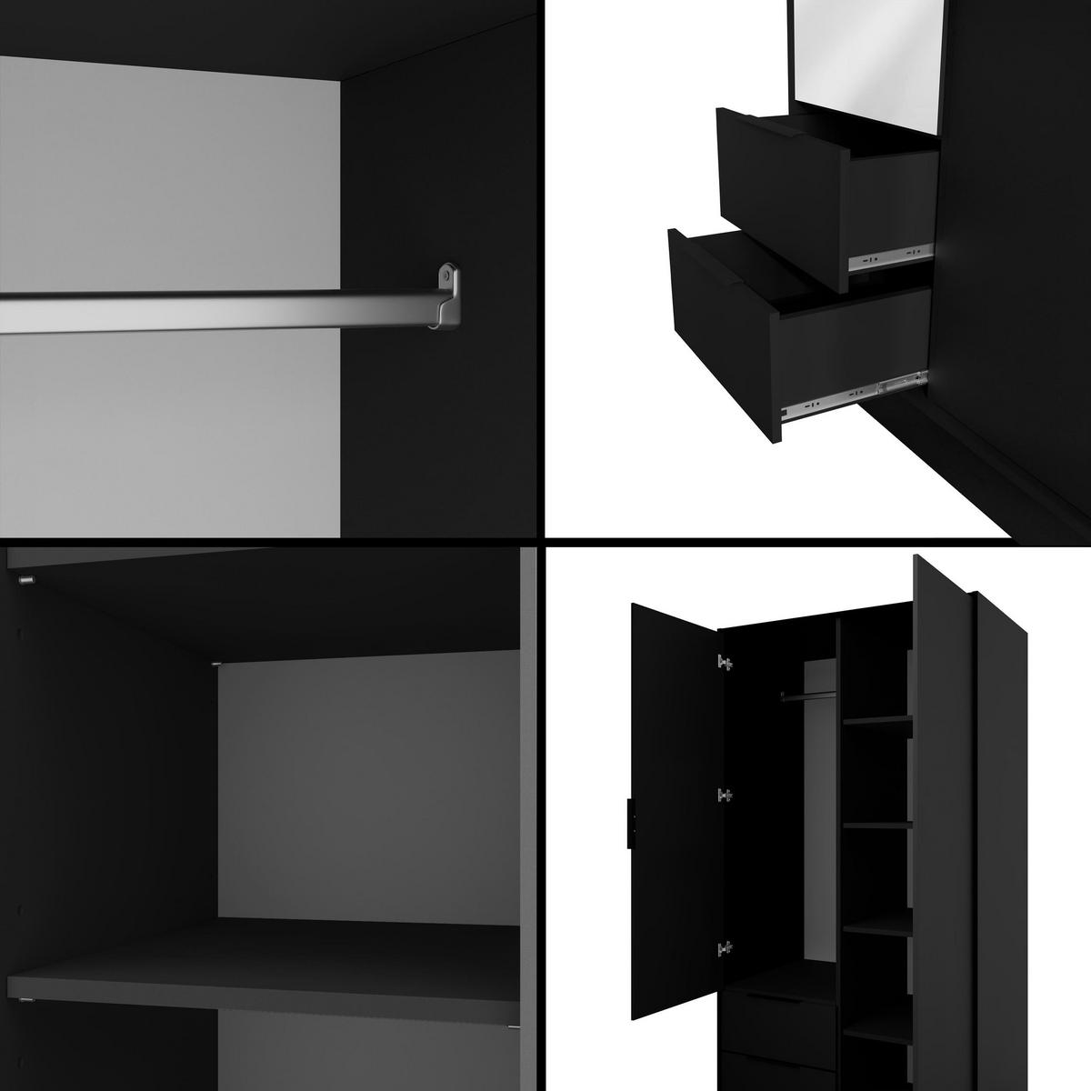 KLEIDERSCHRANK mit Spiegel und Flügeltüren KOLIN 100x200cm Schwarz - Schwarz, Holzwerkstoff (102/200/51cm) - ALTDECOR