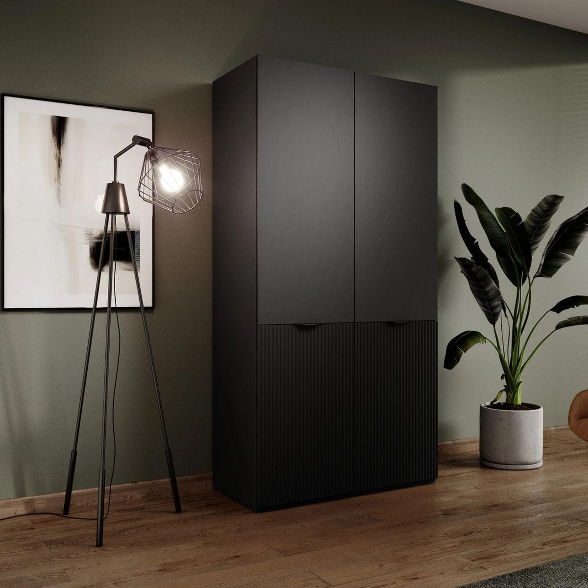 KLEIDERSCHRANK ZEN (Modular, Schwarz Matt, Rillenfront, 2-türig) - Schwarz, Holz/Holzwerkstoff (101/200/51cm) - Ravio