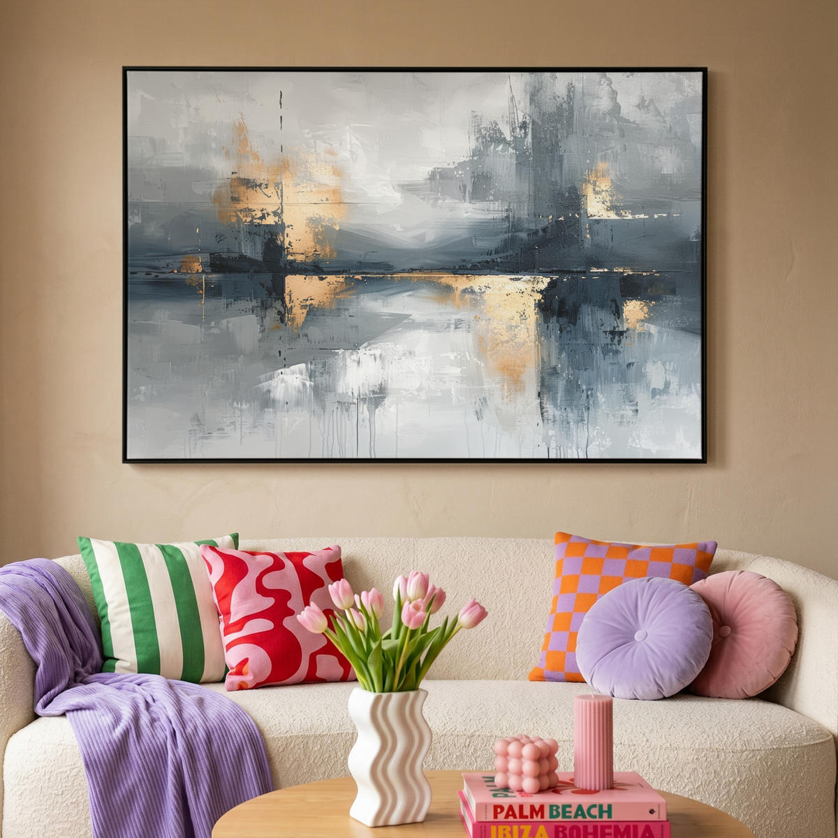 LEINWAND Bilder mit Rahmen - Kunst - Grau - Gold - Abstrakt - 140x90 - Dunkelgrau, Textil (140/90cm) - MuchoWow
