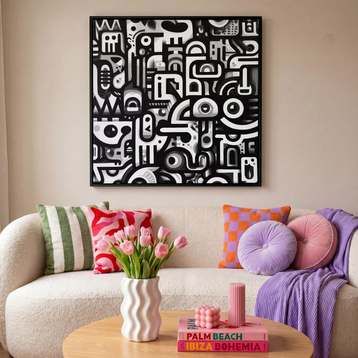 LEINWAND Bilder mit Rahmen - Symbole - Abstrakt - Grafik - Schwarz - 90x90 - Schwarz, Textil (90/90cm) - MuchoWow