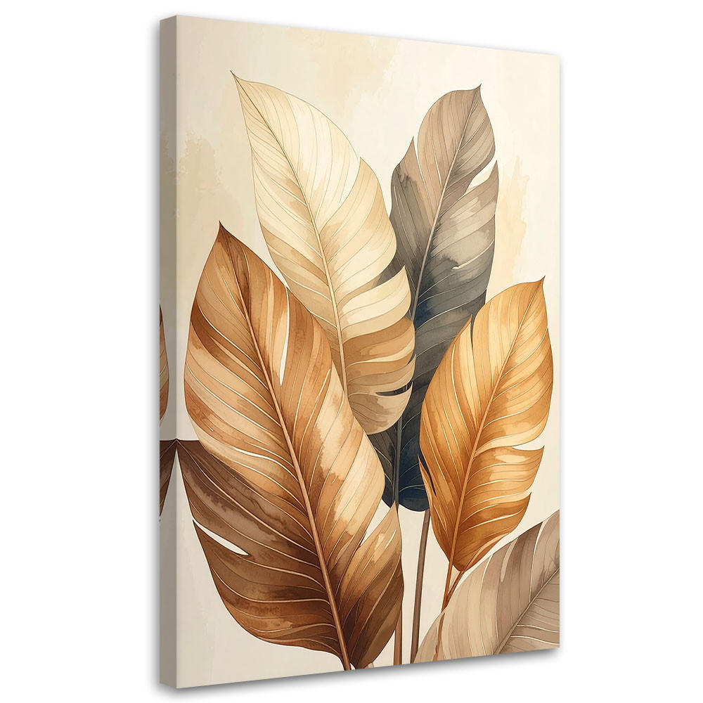 LEINWANDBILD, Goldene tropische Blätter auf einem hellen Hintergrund - Beige, Textil (80/120cm) - Feeby