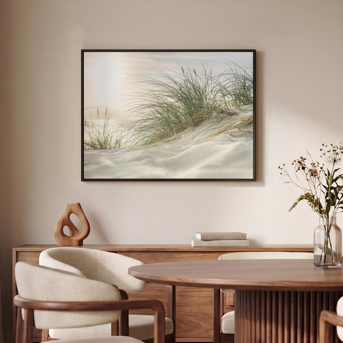 LEINWAND Bilder mit Rahmen - Dünen mit Strandhafer in der Sonne des Nationalparks Schleswig-Holsteinisches Wattenmeer - 70x50 - Creme, Textil (70/50cm) - MuchoWow