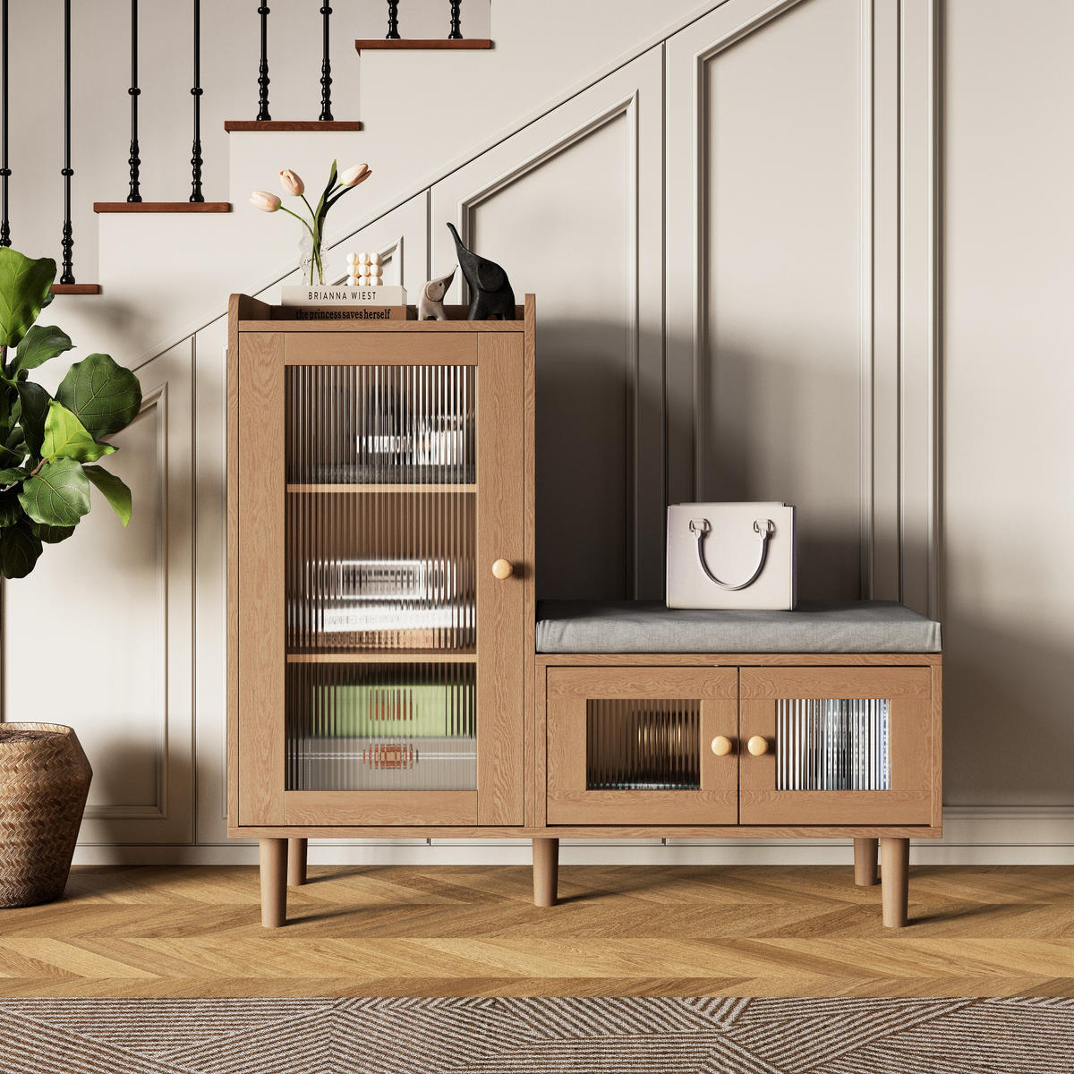 SCHUHSCHRANK Holzoptik 100x35x90 cm mit Sitzbank und Glastüren für Flur - Naturfarben, Holz (100/90/35cm) - PARAFTA HOME