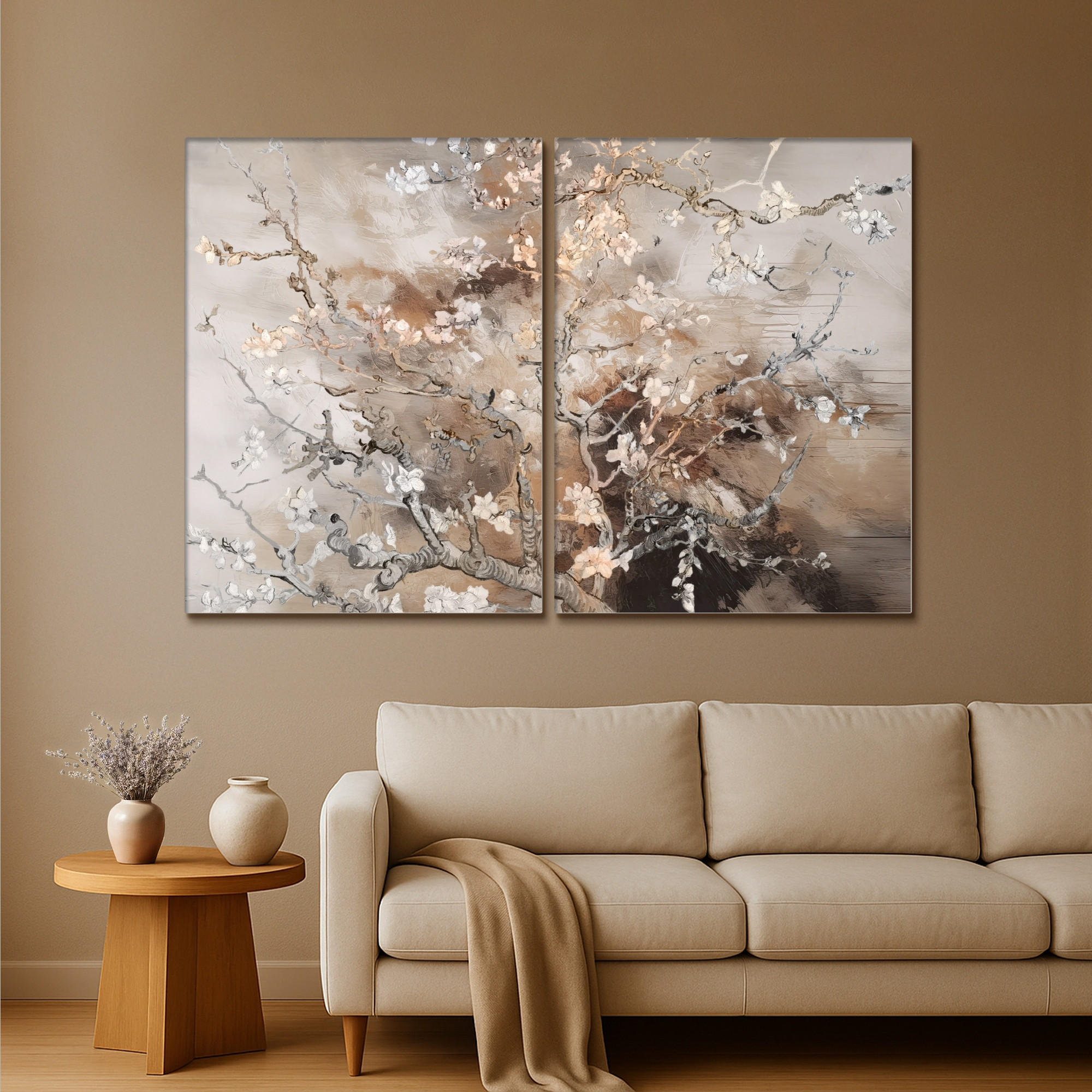 LEINWANDBILD 2er Set Mandelblüte - Abstrakt - Beige 180x120 cm - Beige, Textil (180/120cm) - MuchoWow