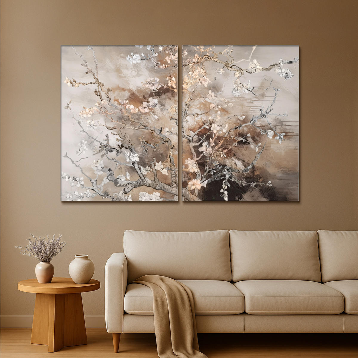 LEINWANDBILD 2er Set Mandelblüte - Abstrakt - Beige 180x120 cm - Beige, Textil (180/120cm) - MuchoWow