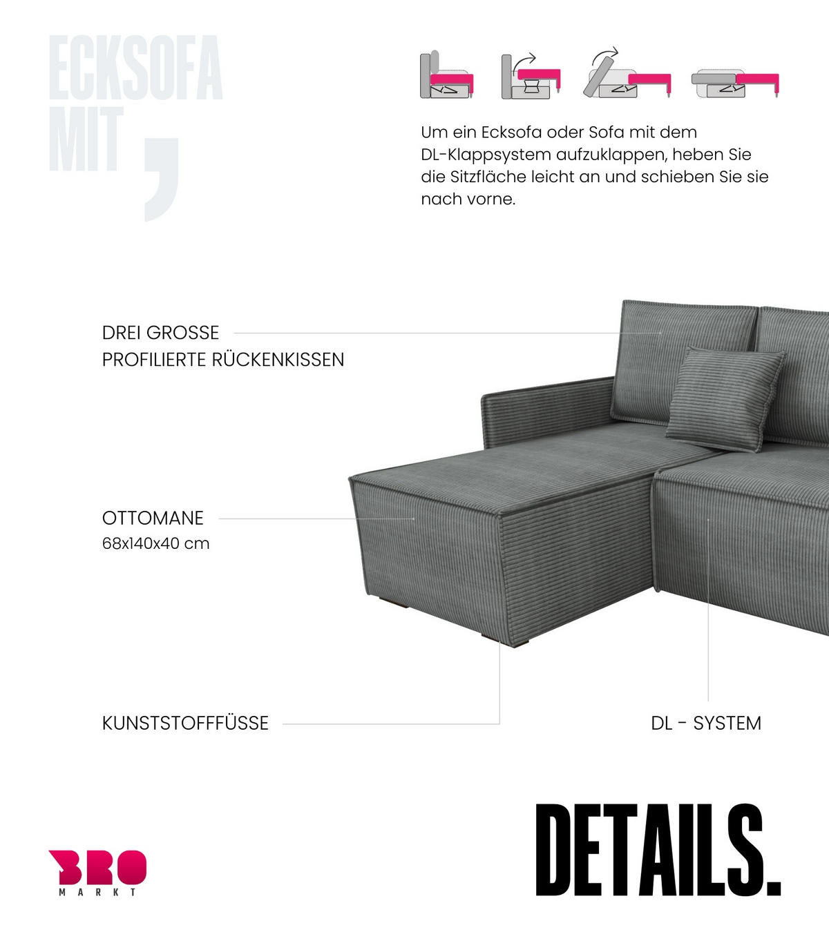 ECKSOFA Atlantic mit Schlaffunktion Grau Cord - Grau, Textil (238/141cm) - Bromarkt