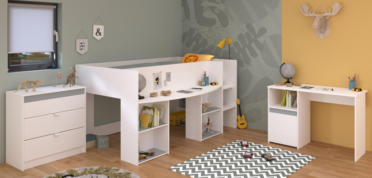KINDERZIMMER weiß, grau oder rosa, Komplett-Set 3-teilig mit Kleiderschrank, Schreibtisch, Bett 90x200 - Weiß, Holzwerkstoff (110/104/205cm) - Parisot Meuble