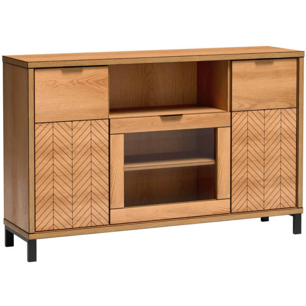 VITRINE Fun mit 3 Türen, mit Beinen, Karamell-Eiche - Eichefarben/Schwarz, Holzwerkstoff (158/102/41cm) - Beautysofa