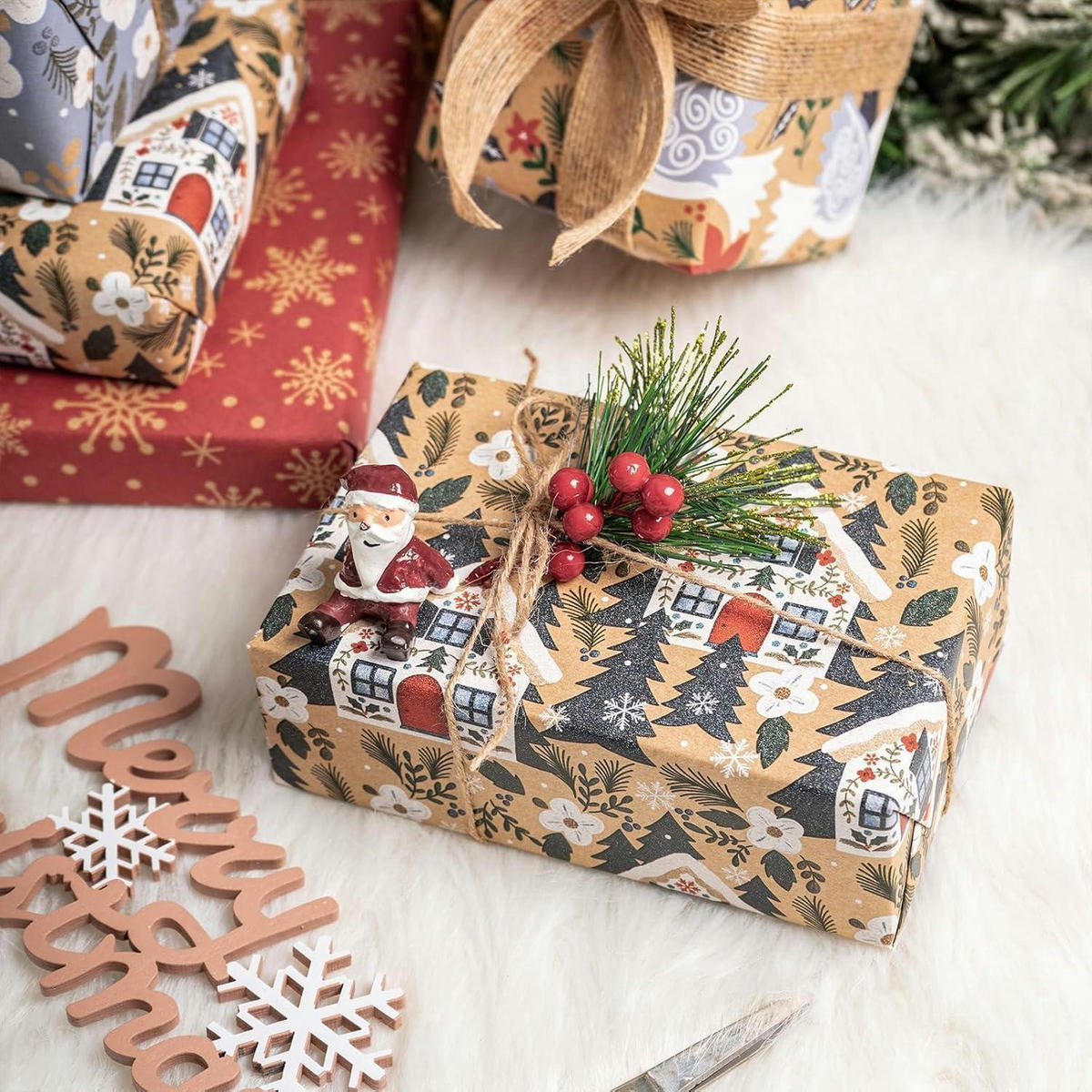 GESCHENKPAPIER 4 Rollen 43,5 x 305 cm Kraftpapier Weihnachtsmotive - Multicolor, Papier (4/44/15cm)