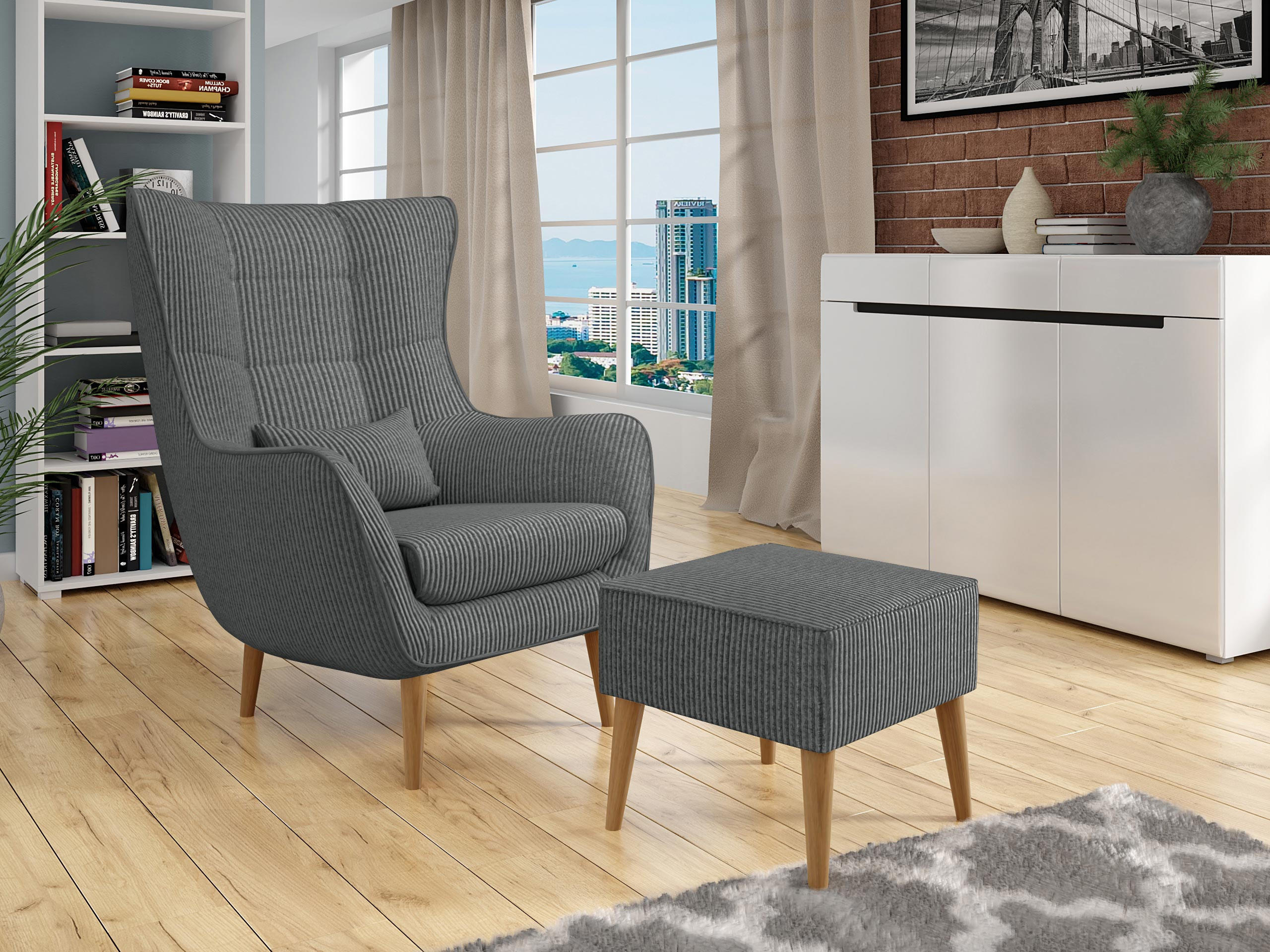 SESSEL Estjano Cord mit Fußbank - Beige/Grau, Holz (80/106/95cm) - MIRJAN24