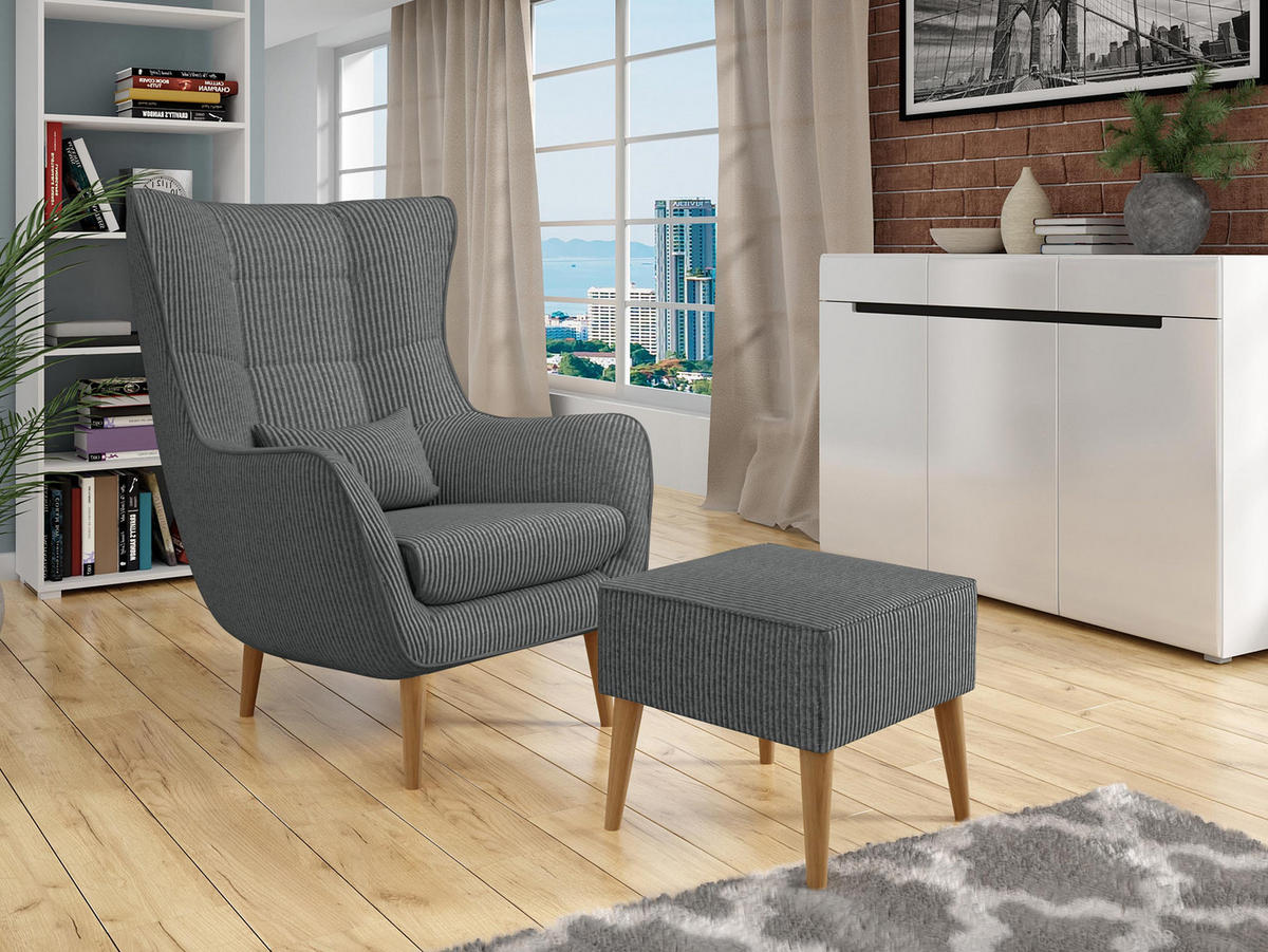 SESSEL Estjano Cord mit Fußbank - Beige/Grau, Holz (80/106/95cm) - MIRJAN24