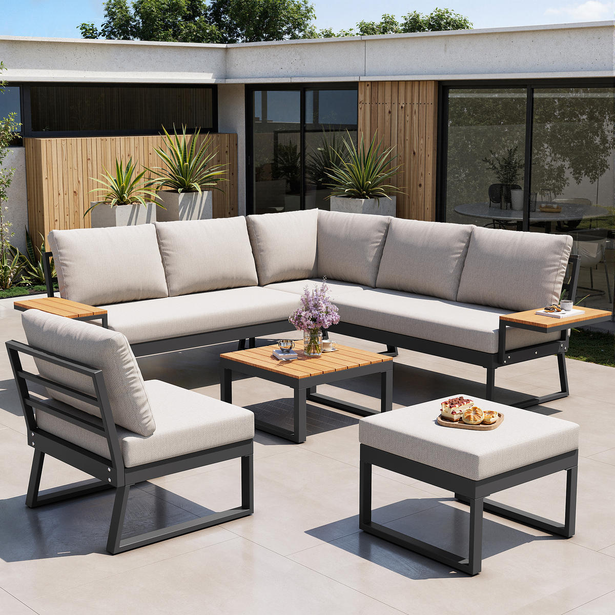 LOUNGESET, 7 Personen, Eisen, Ecksofa, Holztisch, Beige - Beige, Metall - FLIEKS