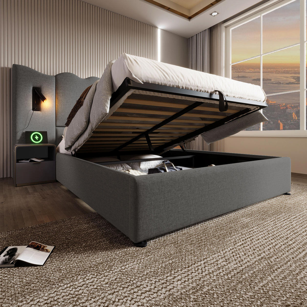 POLSTERBETT 160x200cm Doppelbett mit Leselampe & USB-C Grau - Grau, Holz - FLIEKS