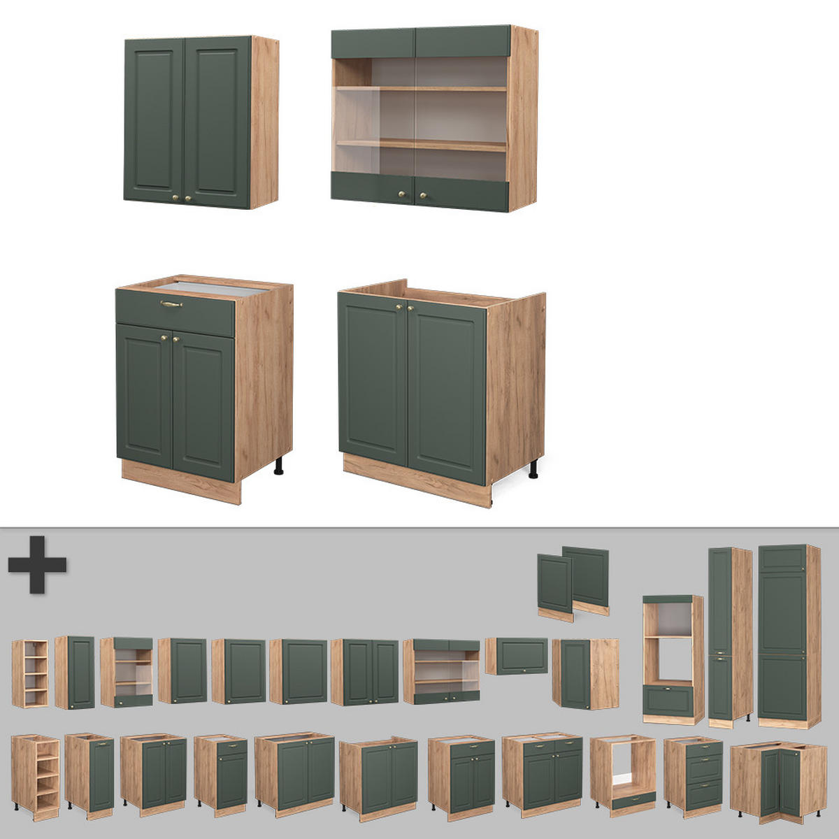 SINGLEKÜCHE Fame-Line Grün-Gold Landhaus/Goldkraft Eiche 140 cm AP Eiche - Honigeiche/Grün, Holzwerkstoff (140/81.6/60cm) - Vicco