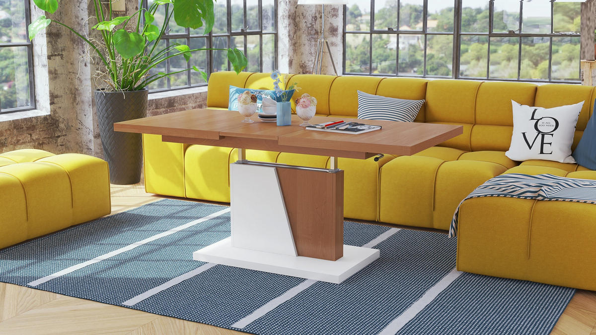 COUCHTISCH rechteckig Erle - Weiß matt ausziehbar höhenverstellbar - Erlefarben/Weiß, Holzwerkstoff (70/120/60cm) - designimpex