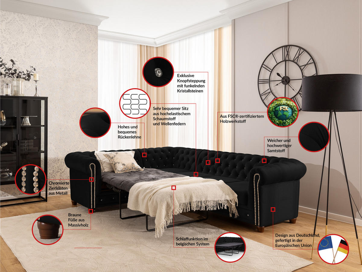 ECKSOFA mit Schlaffunktion Chesterfield Schwarz Samt mit Kristallsteppung und braunen Massivholzfüßen - Ottomane Links - Schwarz/Braun, Holz/Textil (264/210cm) - S-Style Möbel