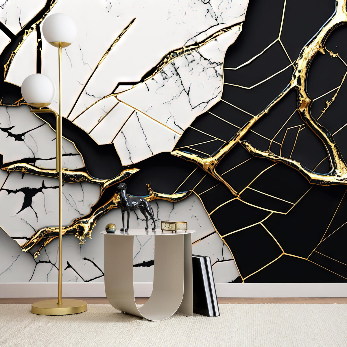 FOTOTAPETER für Badezimmer Abstrakter Marmor Goldene Verzierung 250x175 - Schwarz/Weiß, Papier (250/175cm) - Muralo