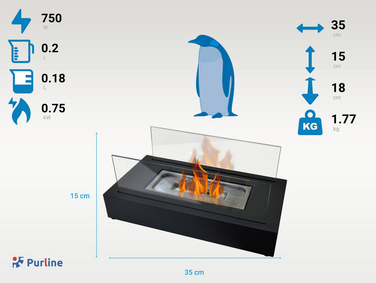 BIOETHANOL-KAMIN Schwarz Tischmodell inklusive 0.2 L Brennblock - Schwarz, Glas (35/15/18cm) - Purline