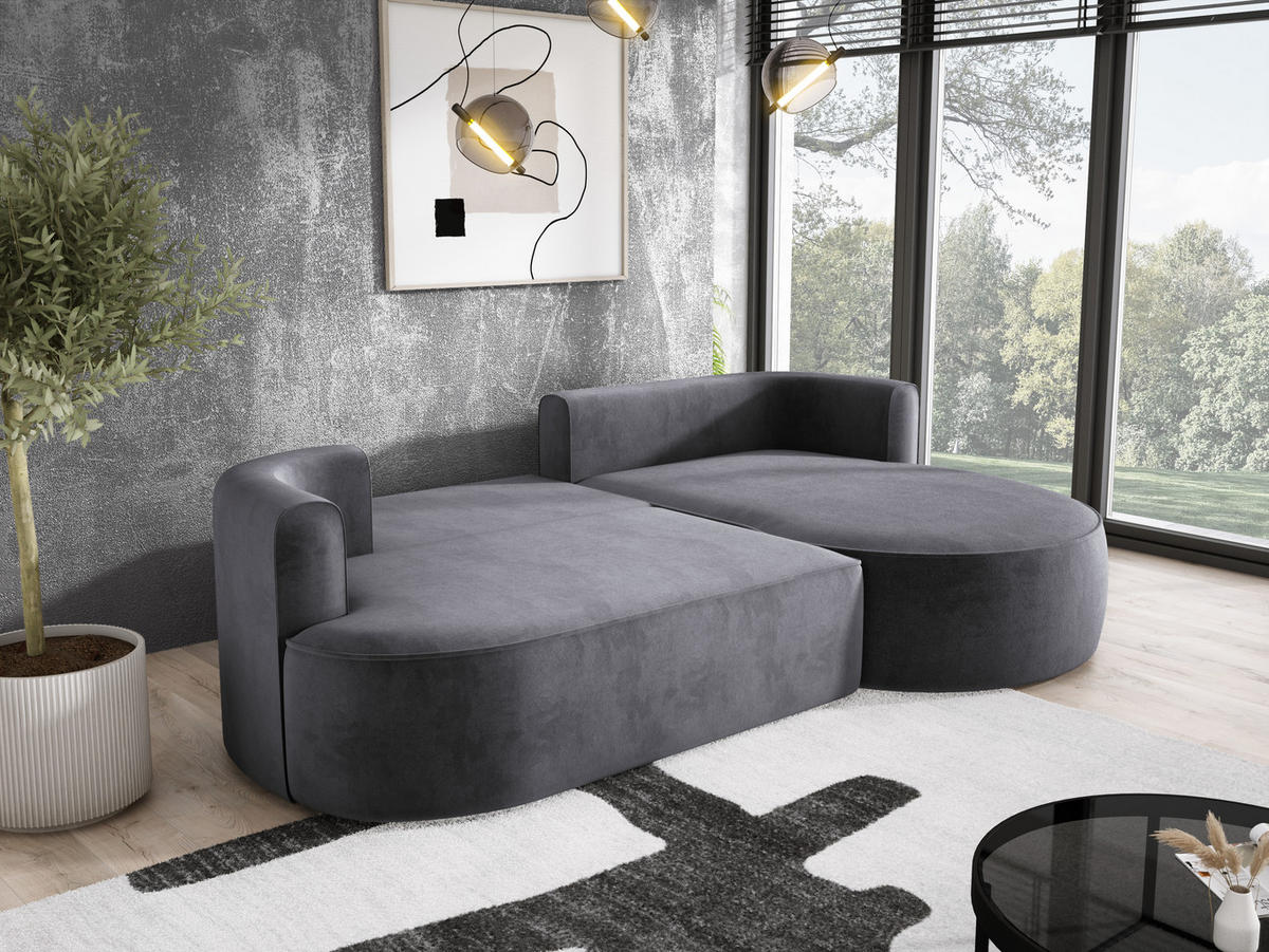 ECKSOFA FIORE L-förm Moderne Ausziehbare Schlaf-Funktion, automatischer Auffaltung, lose Rückenkissen freistehend RECHTS 284x183x82cm Silver - Silberfarben, Holz/Textil (284/183cm) - DomoHome