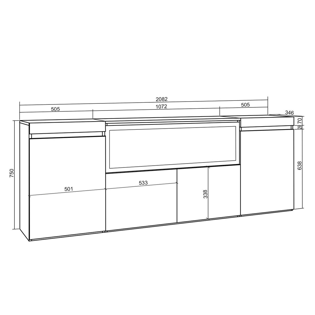 SIDEBOARD Highboard, Elektrokamin XXL, schwarz, 208/35/75cm - Schwarz, Holzwerkstoff (208/75/35cm) - Skraut Home