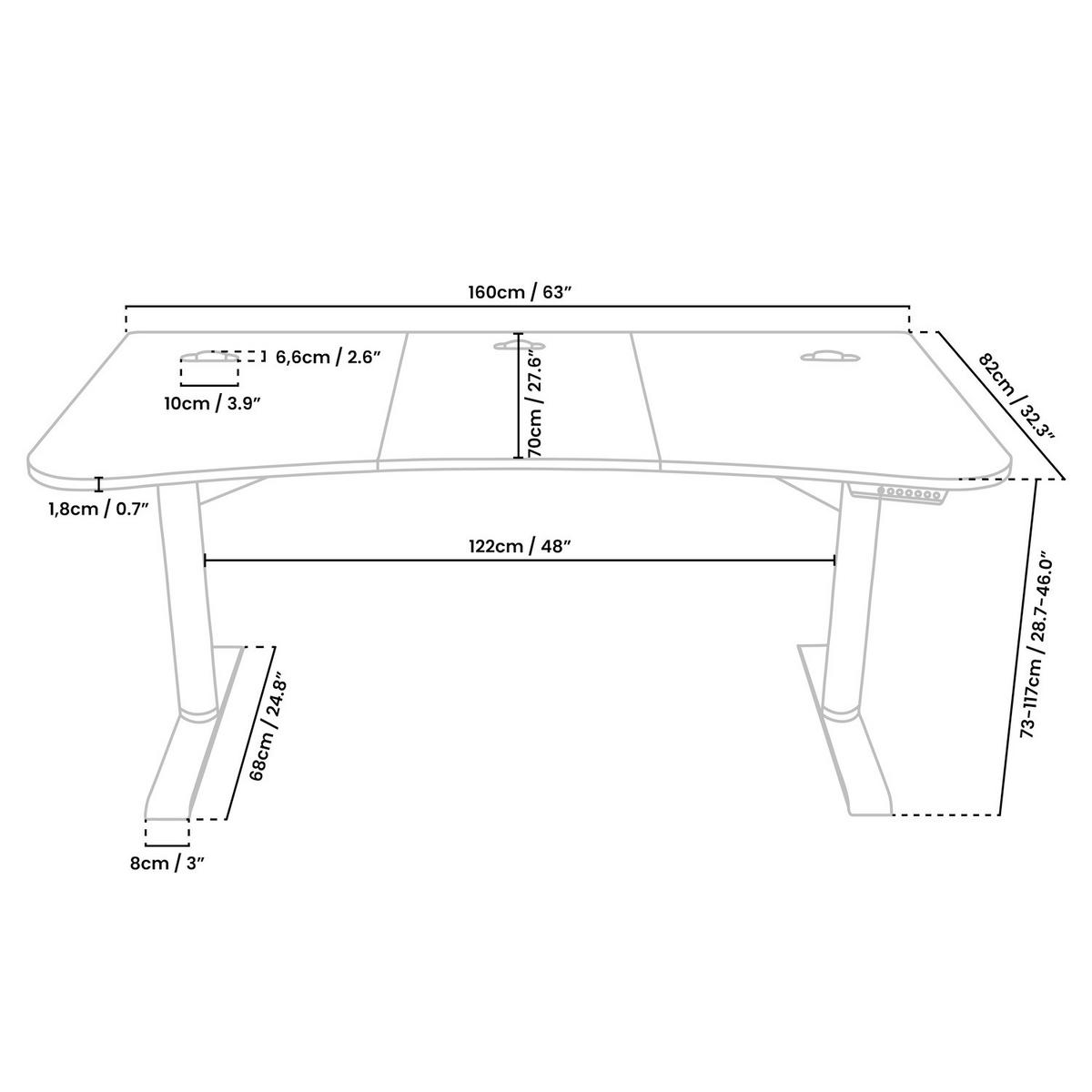 GAMINGTISCH Arena Moto 160/82/73-117 cm Höhenverstellbarer Schwarz - Schwarz, Metall (82/160/117cm) - Arozzi