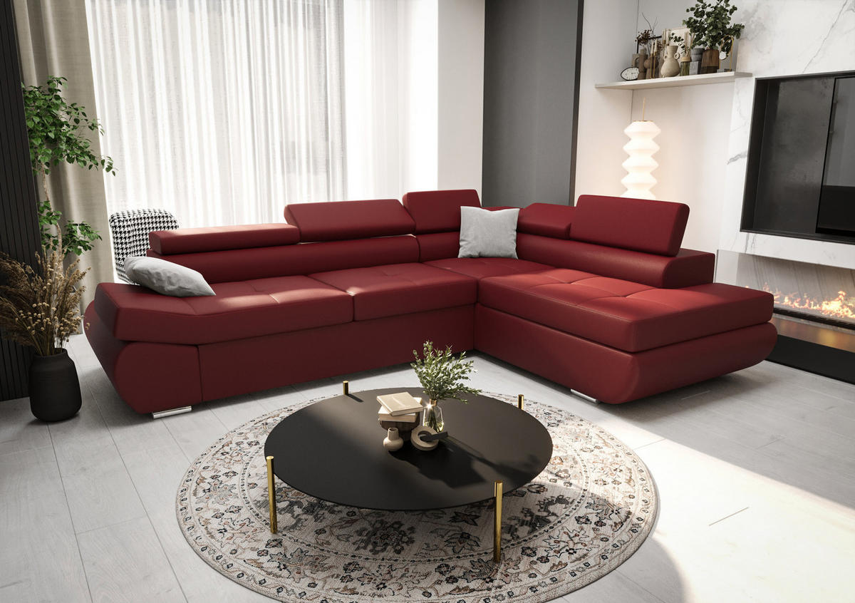 ECKSOFA KONGO RBN03, Eckcouch in L-Form mit Schlaffunktion, Farbe: Rot, Kunstleder, Ottomane Rechts - Rot, Textil (280/200cm) - O-Sofa