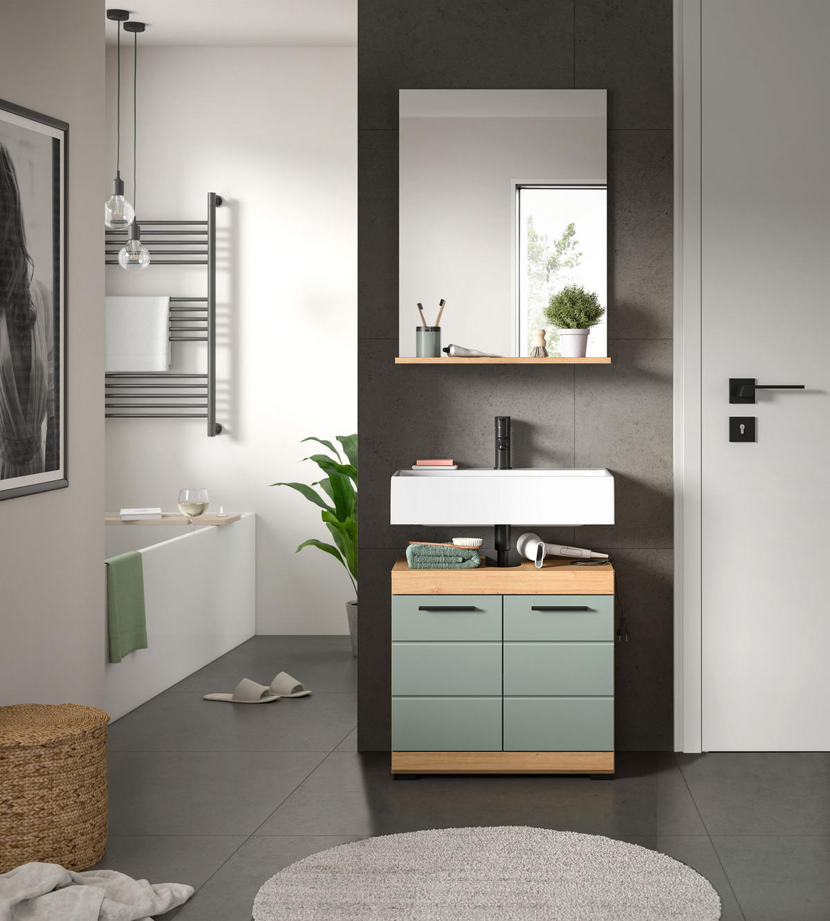 BADKOMBINATION 2tlg. Scout Bad in Artisan Eiche Nachbildung und Salbei Nachbildung B/H/T: 60x191x34 cm - Eiche Artisan, Holz (60/191/34cm)