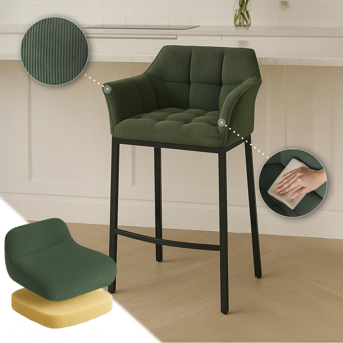 BARHOCKER Damaso Cordbezug 110x64x48 cm grün - Grün, Metall (64/110/48cm) - furnicato