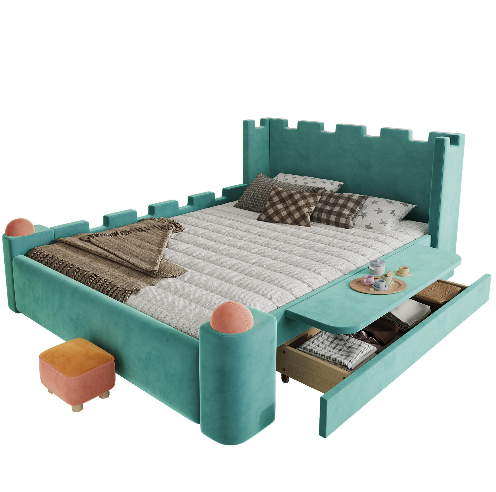 KINDERPOLSTERBETT 140x200 cm in Blaugrün mit Schublade und klappbarer Ablage - Blau, Holz (140/200cm) - IVMEU