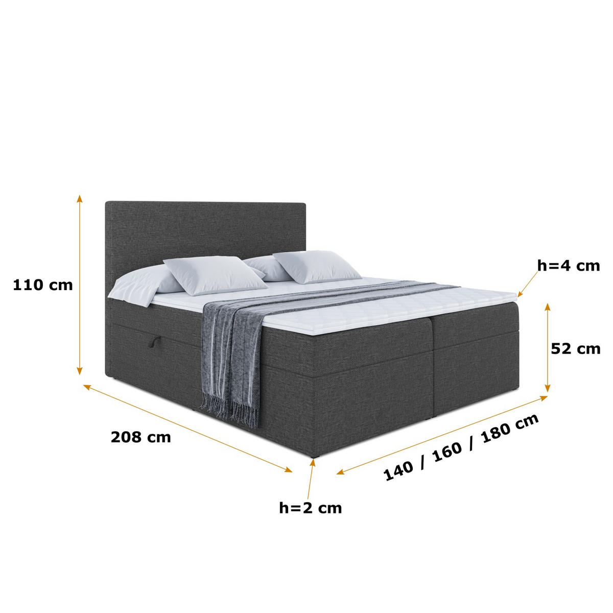 BOXBETT mit H4-Matratze und Lattenrost - LUKI - 160x200 Dunkelgrau - Dunkelgrau, Holzwerkstoff (160/200cm) - ALTDECOR