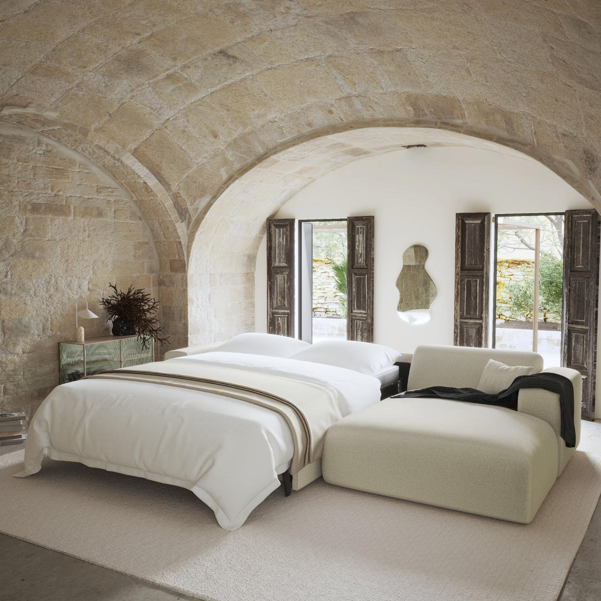 ECKSOFA RECHTS SCHLAFSOFA Rastergewebe Beige 280cm - Beige, Textil (280/165cm) - Sia Home